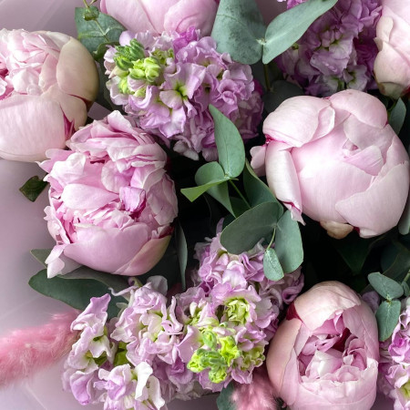 Пионы Сара Бернар и ароматная маттиола. Букет 46 Kimbirly Flowers